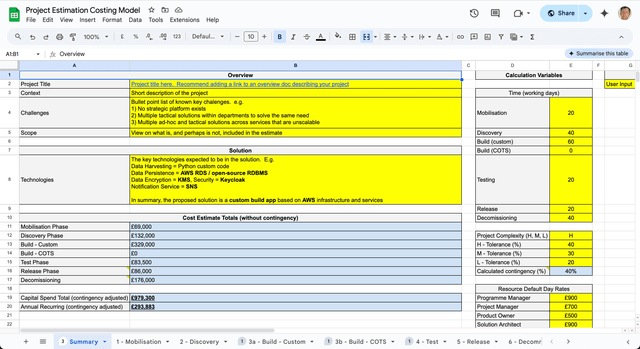 Cost estimation model spreadsheet